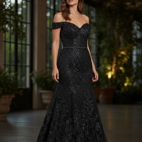 terry costa Dresses & Skirts - Marsoni by Colors Women's Formal Elegant Black Off-Shoulder Evening Gown Prom